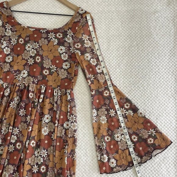 Womens Boho Milkmaid Dress Size M Brown Bell Sleeve Cottagecore Hippie Floral - Picture 16 of 16